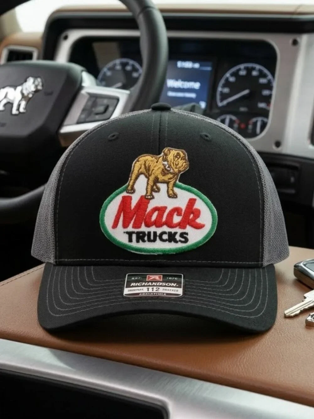 Retro Bulldog Trucking Patch Hat Black Gray Richardson 112 Semi Truck Snapback!!